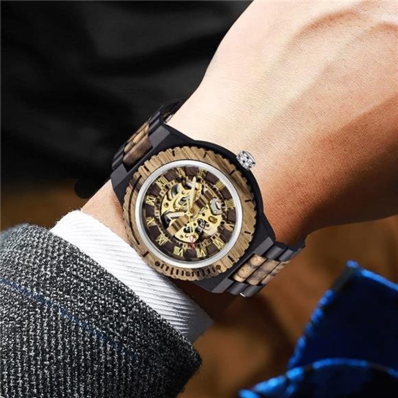 Men's Wooden Watch Skeleton Automatic Movement Wood Watch Self-Winding Watches - Picture 5 of 6